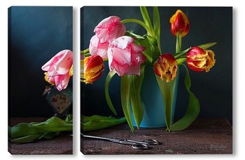 Модульная картина Натюрморт с тюльпанами и ножницами