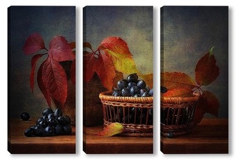 Модульная картина композиция с виноградом и осенними листьми