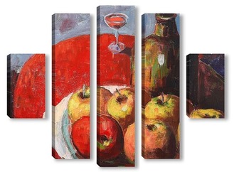 Модульная картина Яблоки, вино и красная скатерть