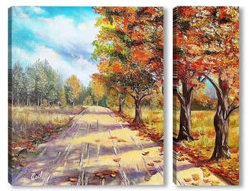 Модульная картина Картина маслом. Пейзаж. Осенняя дорога. Холст 40х50