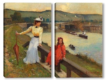 Модульная картина Мать и дочь на берегу реки