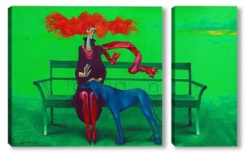 Модульная картина Крсный шарф и голубая собака