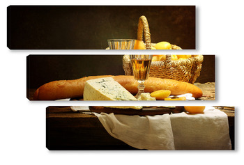 Модульная картина Натюрморт с белым вином,сыром и абрикосами