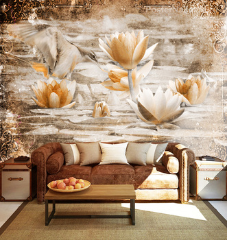 Фотообои Монохромные лотосы и птица